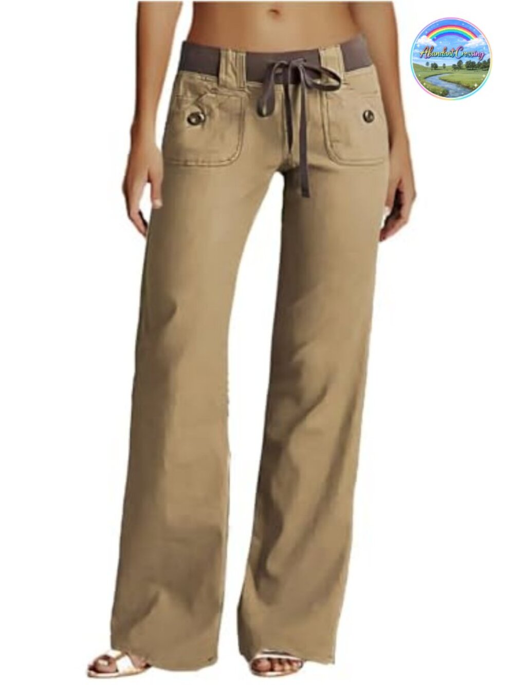 Flamingals Women's Low Rise Cargo Wide Leg Drawstring Flap Pocket Linen Pants
